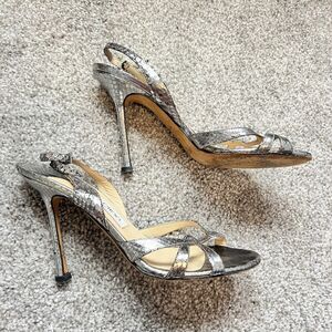 Jimmy Choo Metallic Silver Snakeskin High Heel Slingback Sandals Sz 37/6.5